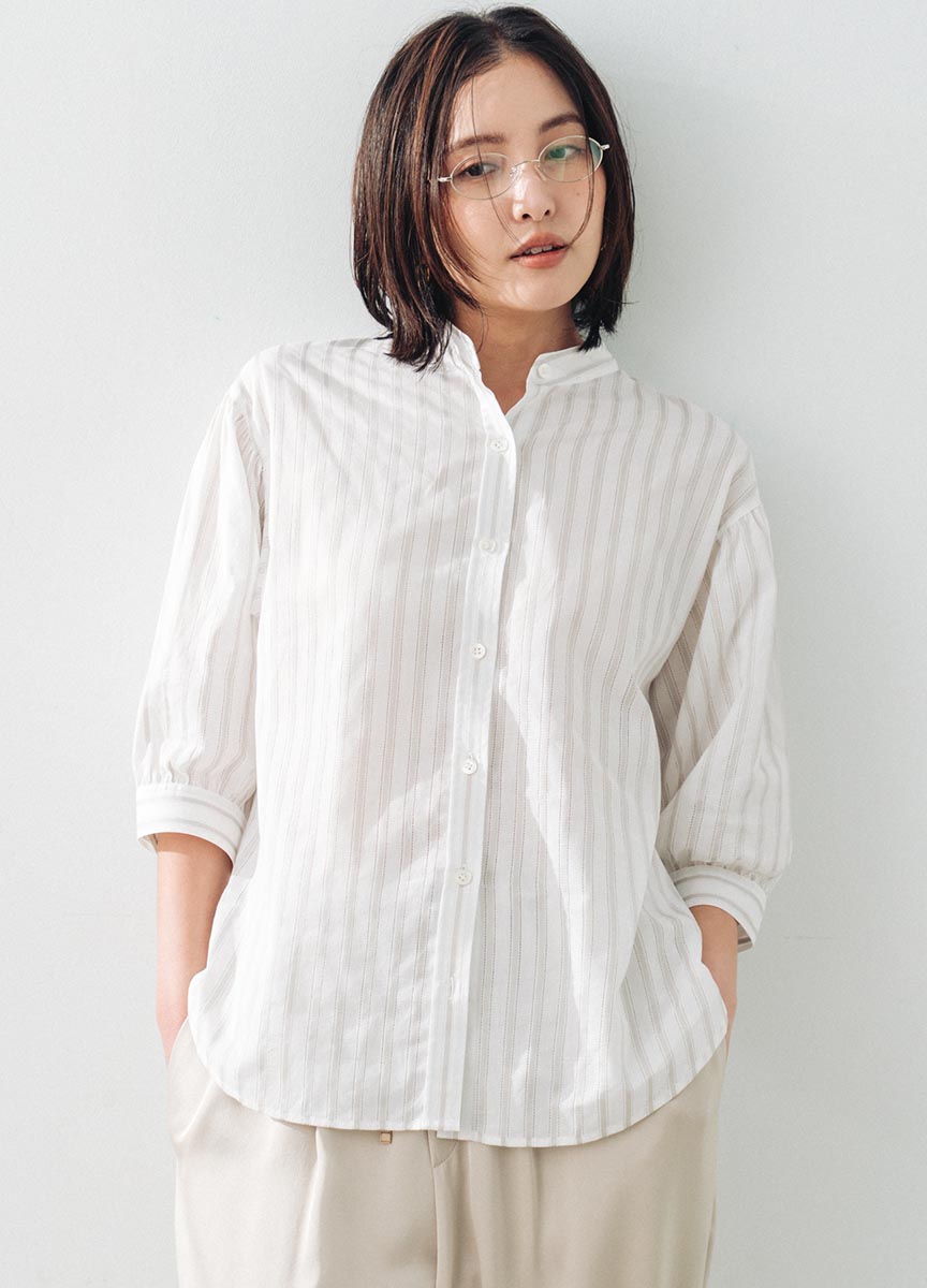 澎袖條紋襯衫