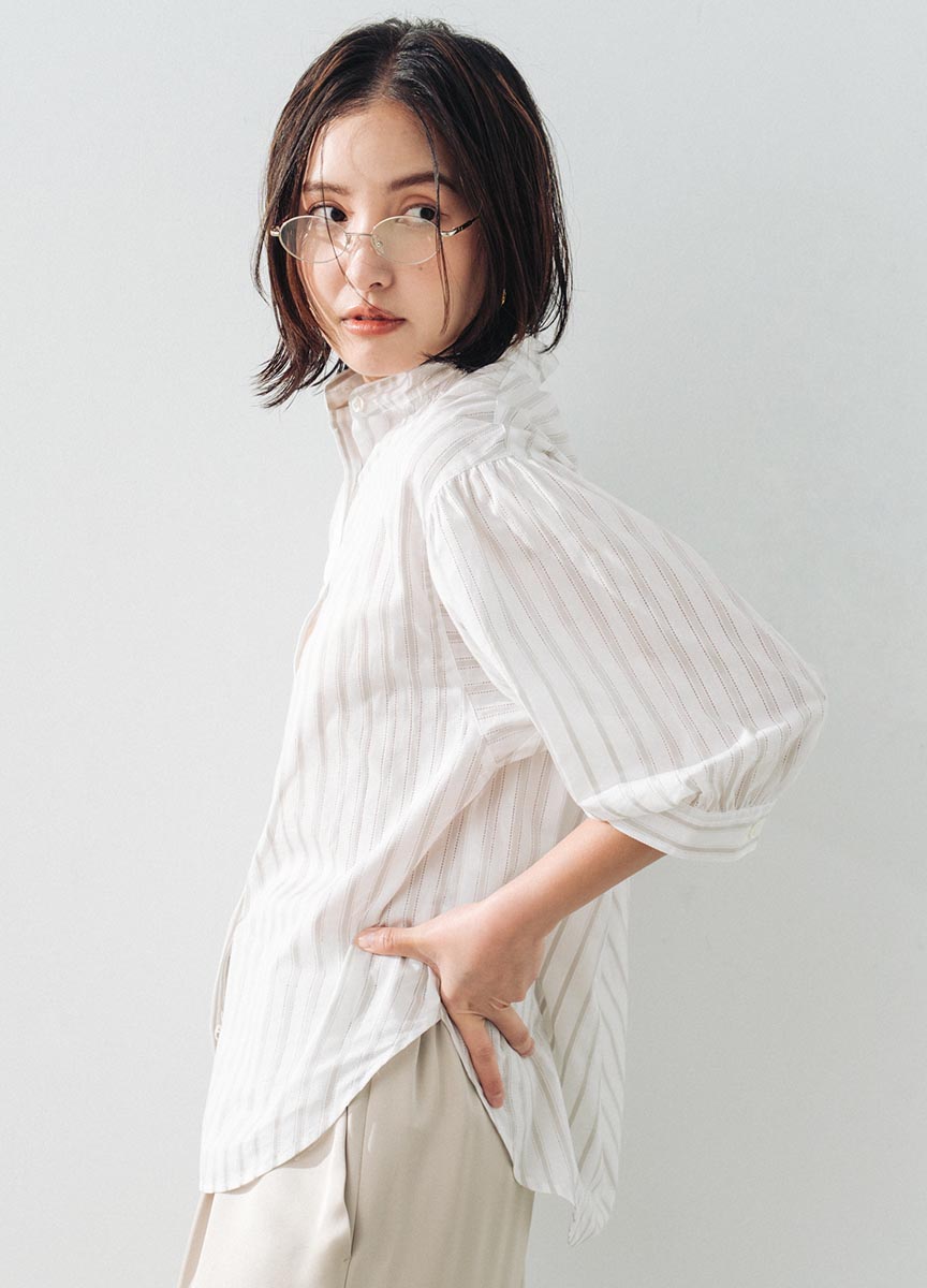澎袖條紋襯衫
