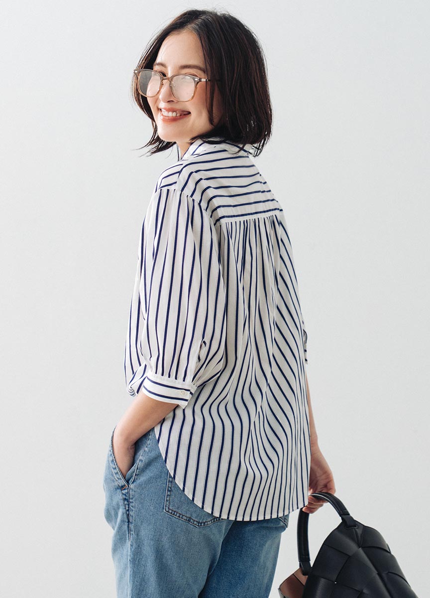 澎袖條紋襯衫