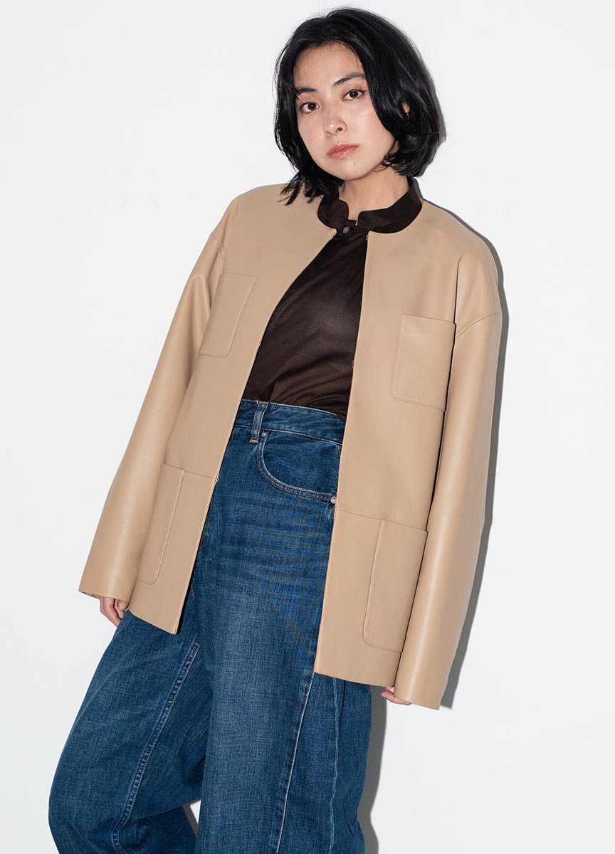 【預購商品】無領多口袋皮外套 (9/1-9/10止)