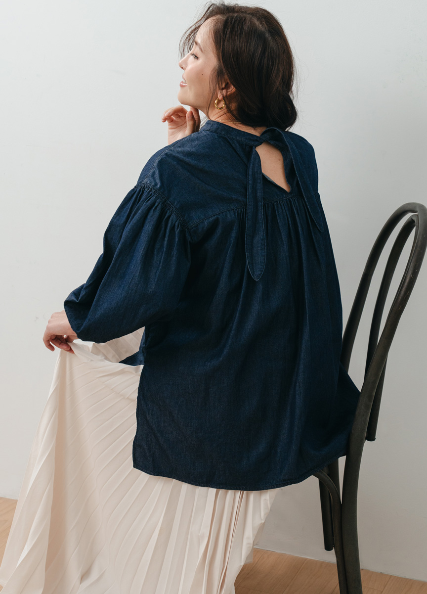 【SLOW系列】小立領綁結拋袖襯衫           