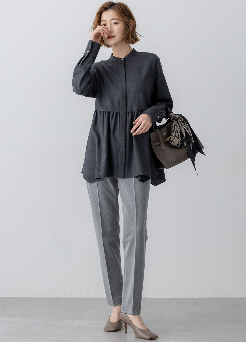 羊毛混紡斜紋不規則下擺襯衫