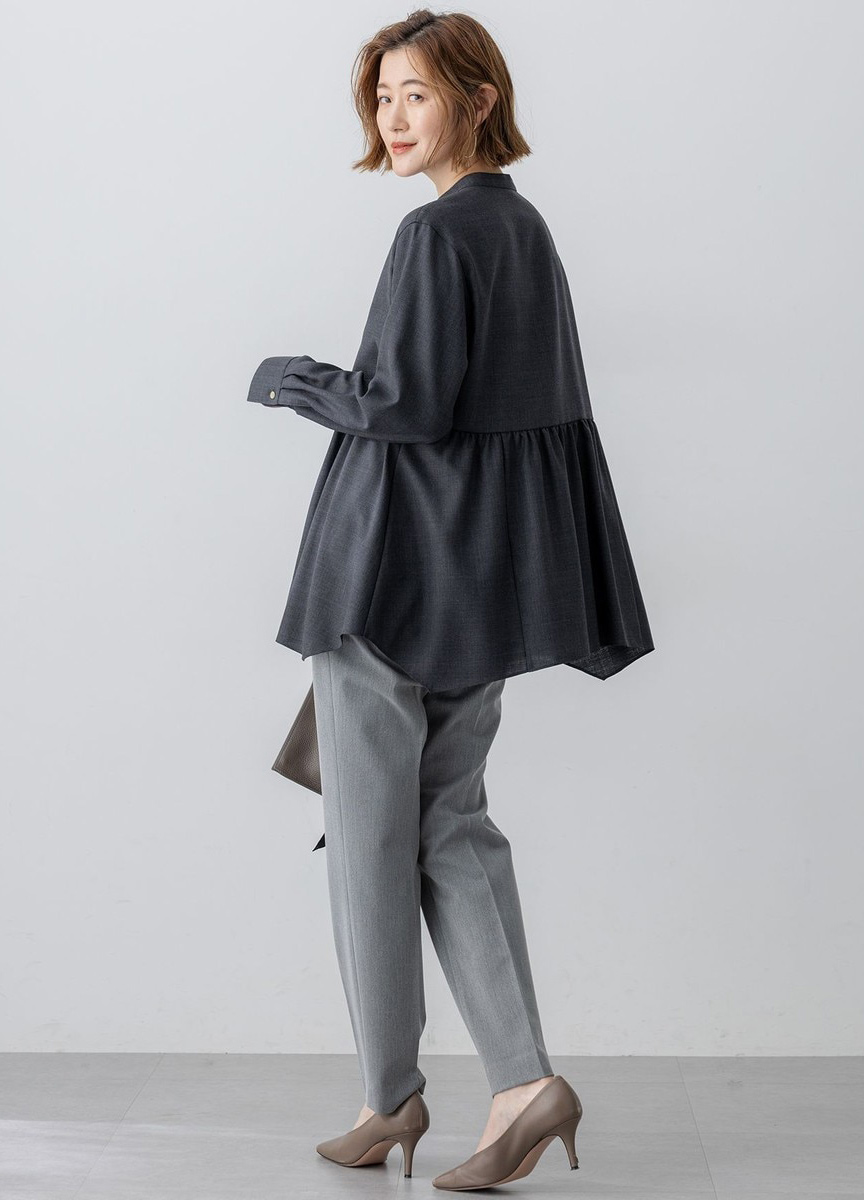 羊毛混紡斜紋不規則下擺襯衫