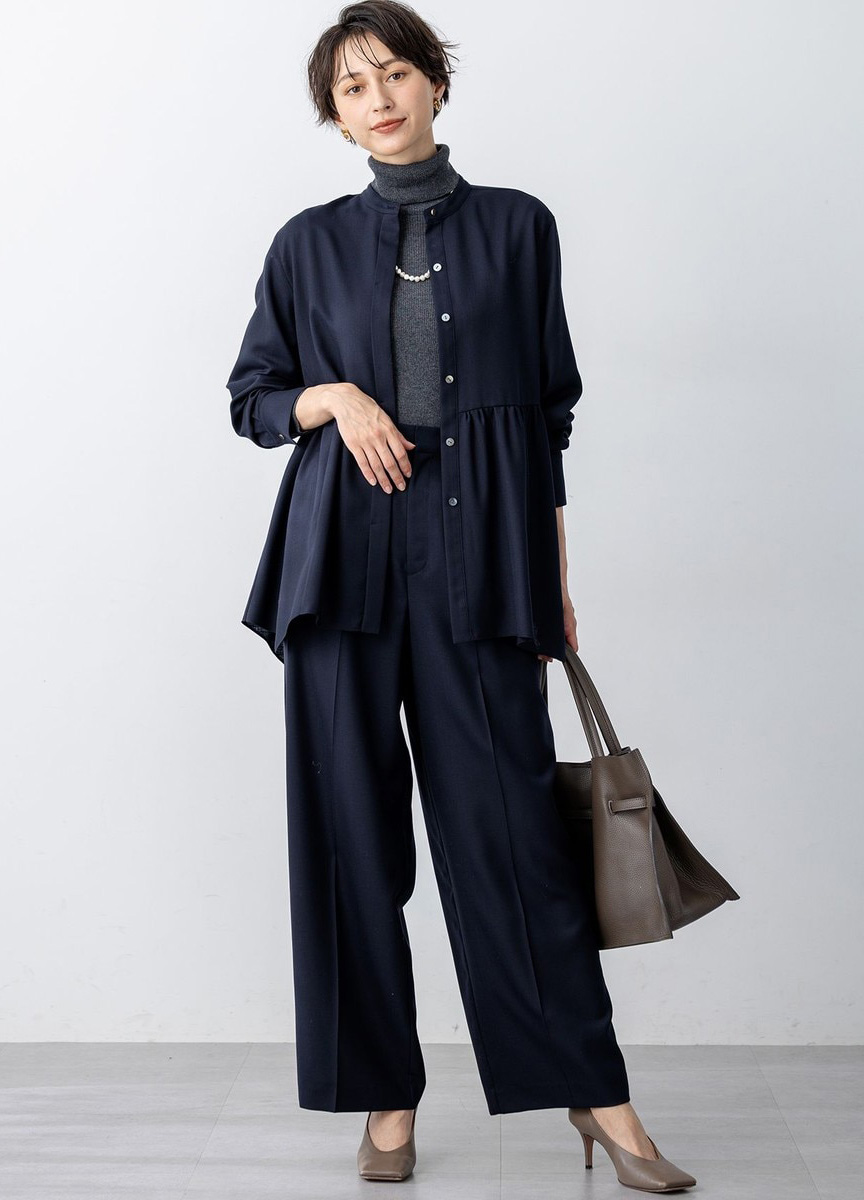 羊毛混紡斜紋不規則下擺襯衫