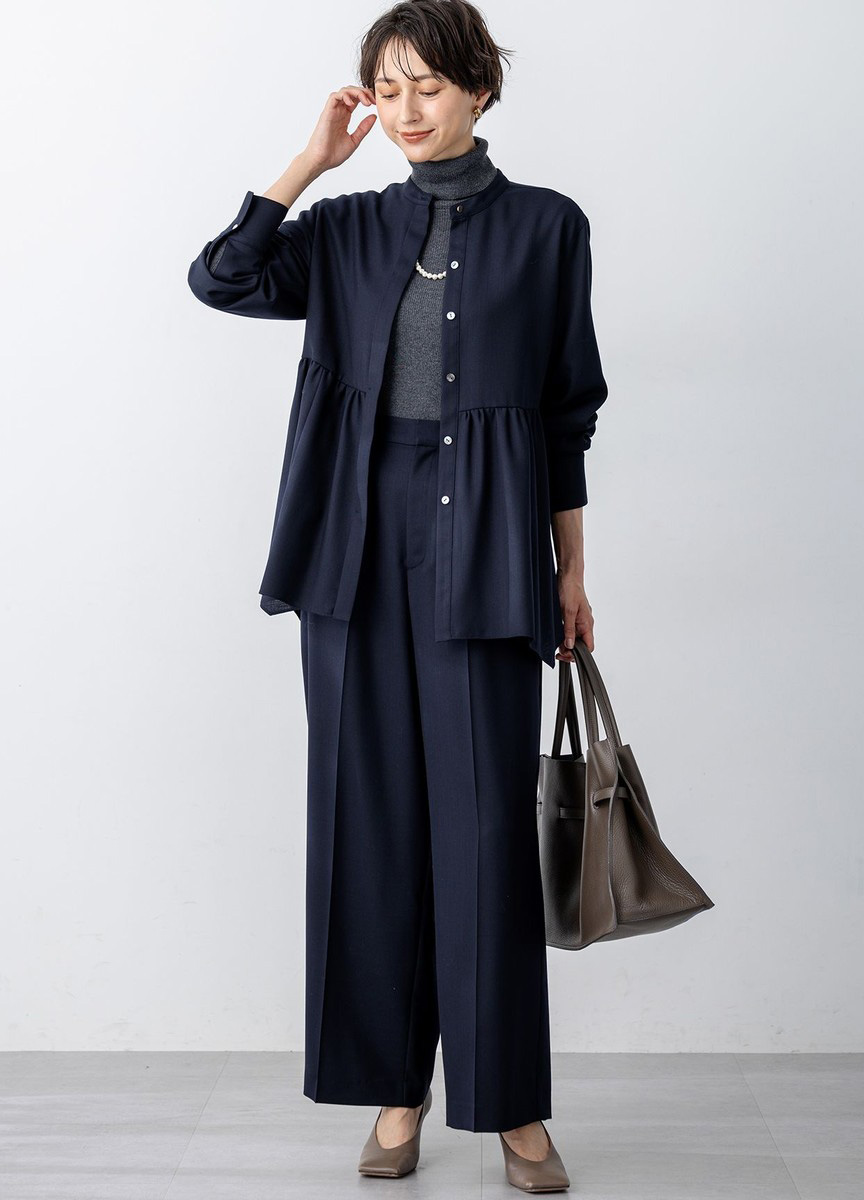 羊毛混紡斜紋不規則下擺襯衫