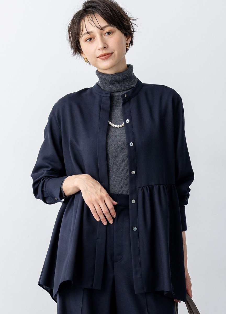 羊毛混紡斜紋不規則下擺襯衫