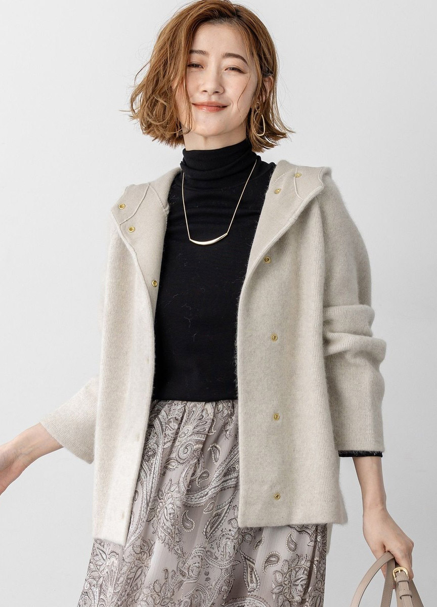 浣熊毛連帽混紡針織外套