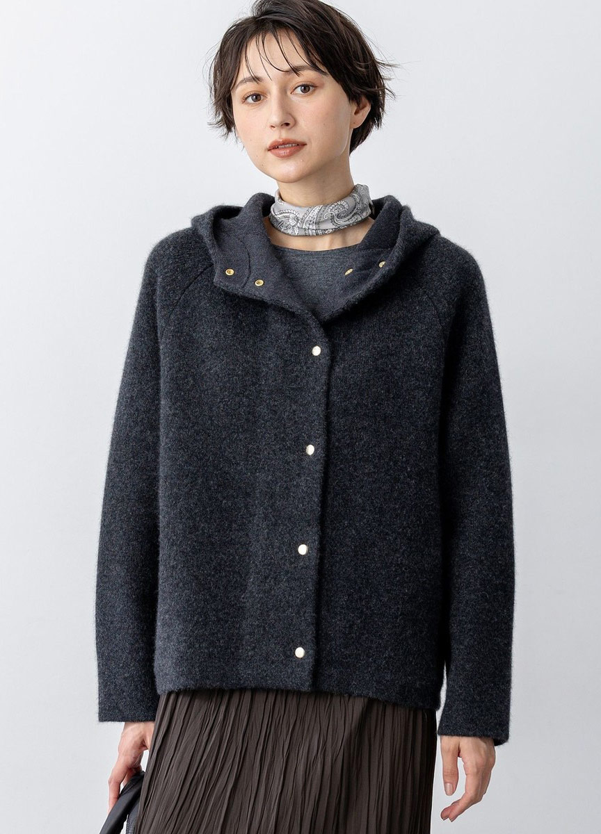 浣熊毛連帽混紡針織外套