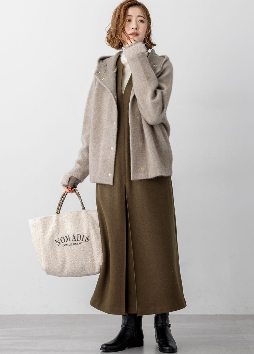 浣熊毛連帽混紡針織外套