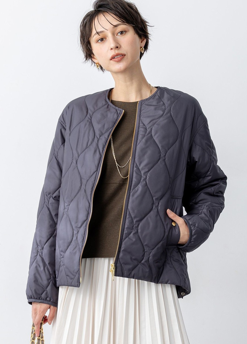 菱格紋圓領鋪棉外套            