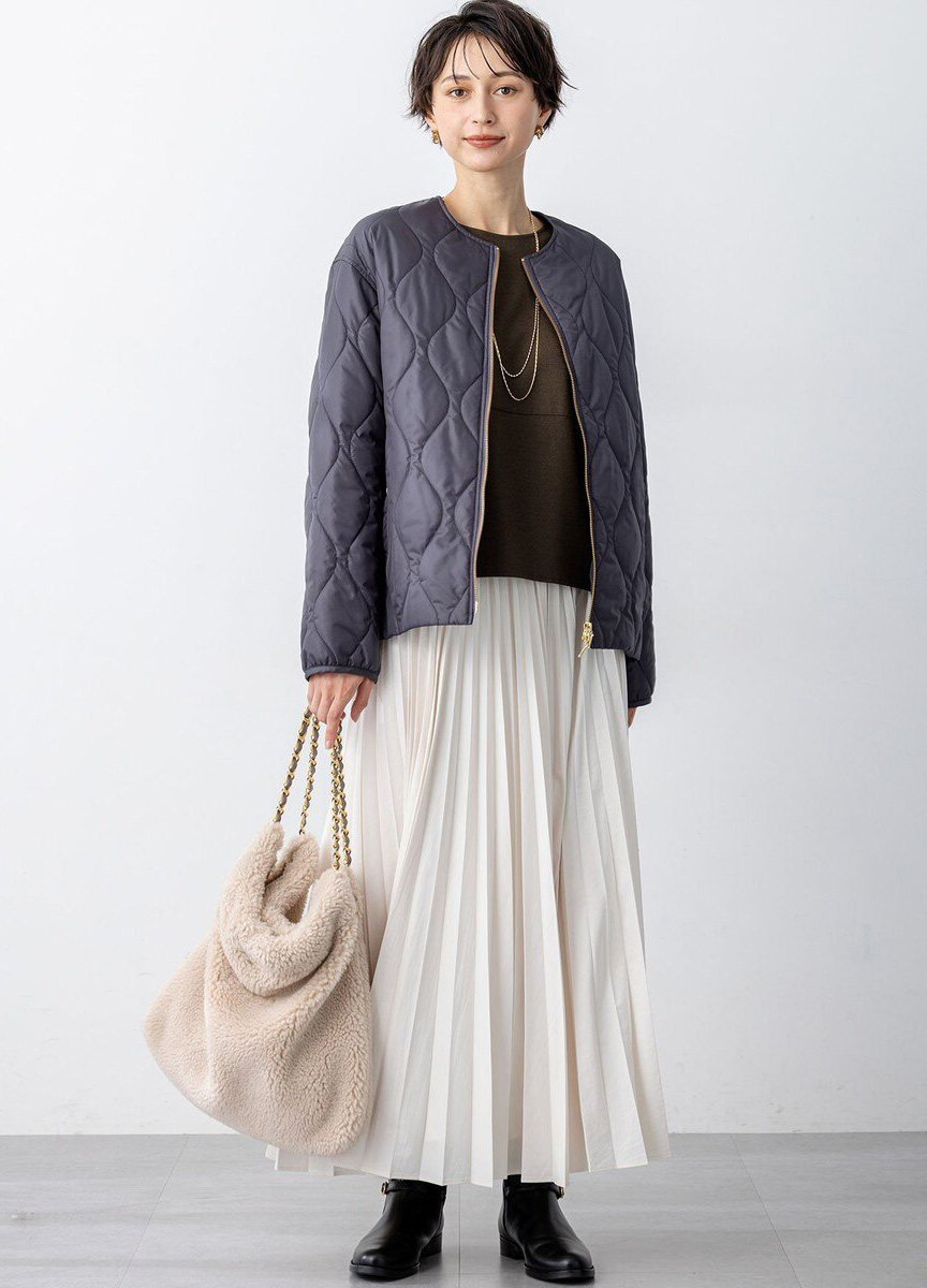 菱格紋圓領鋪棉外套            