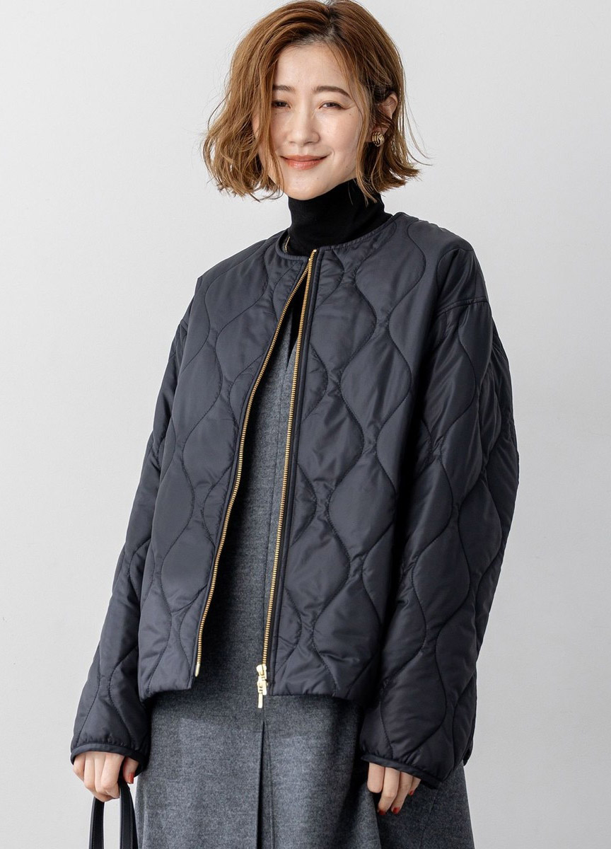 菱格紋圓領鋪棉外套            