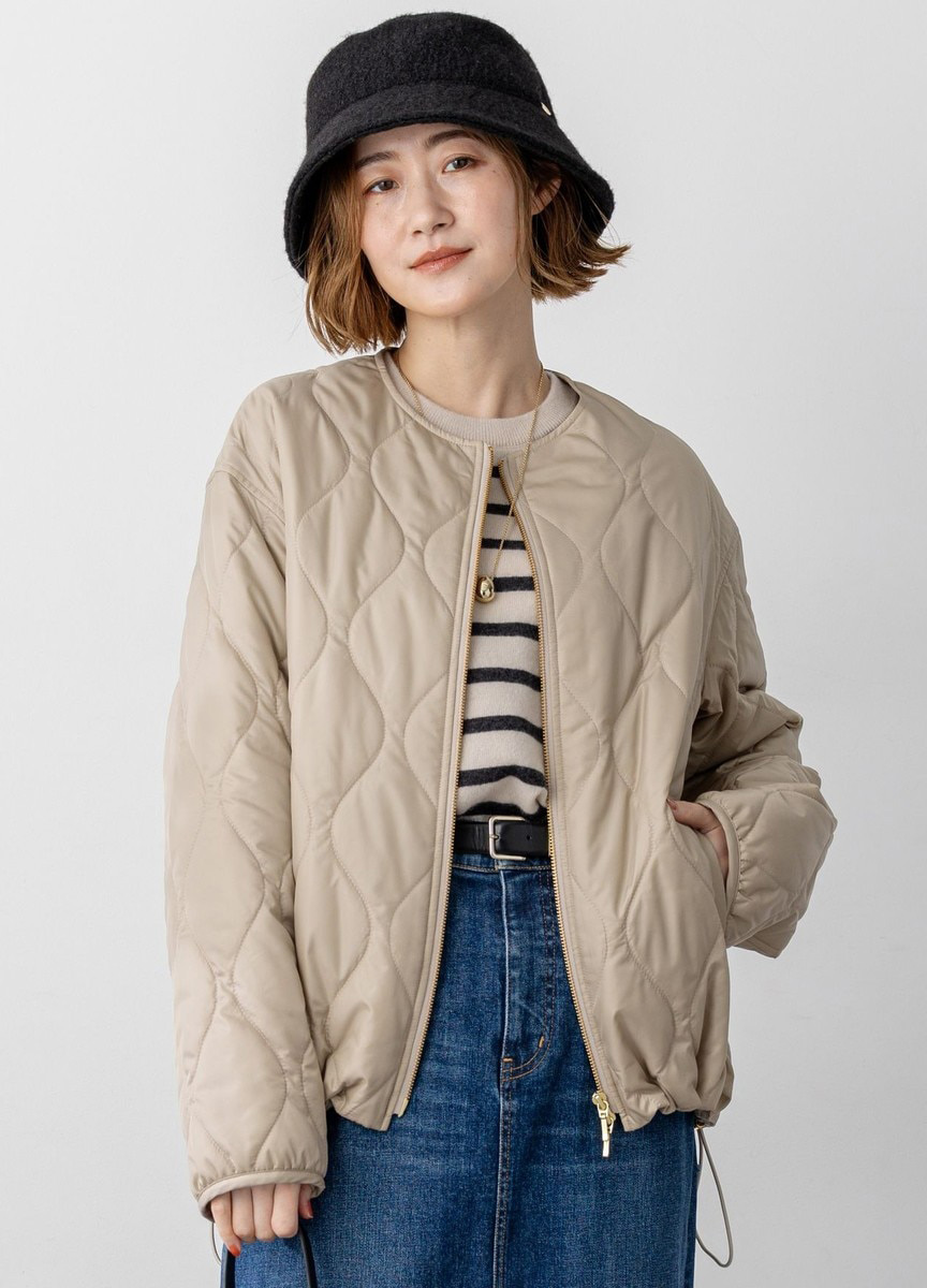 菱格紋圓領鋪棉外套            