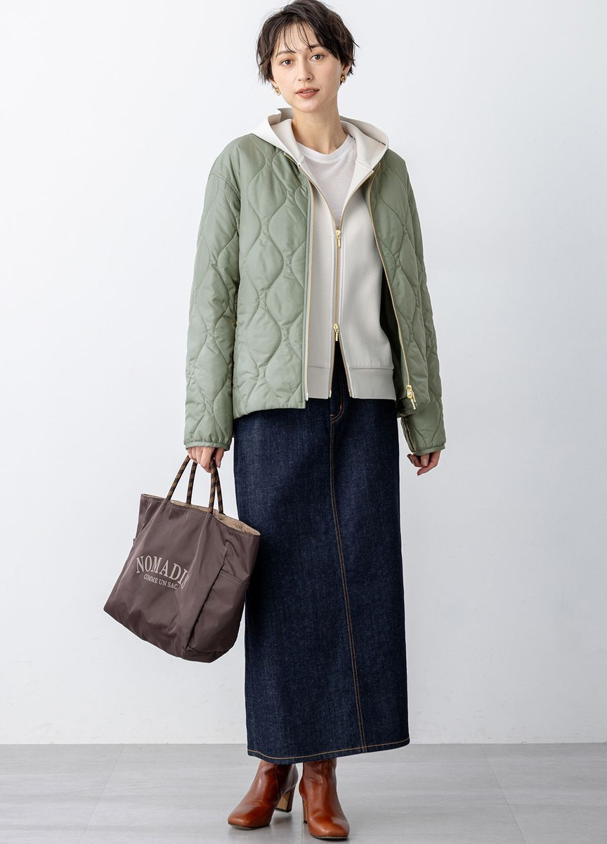 菱格紋圓領鋪棉外套            