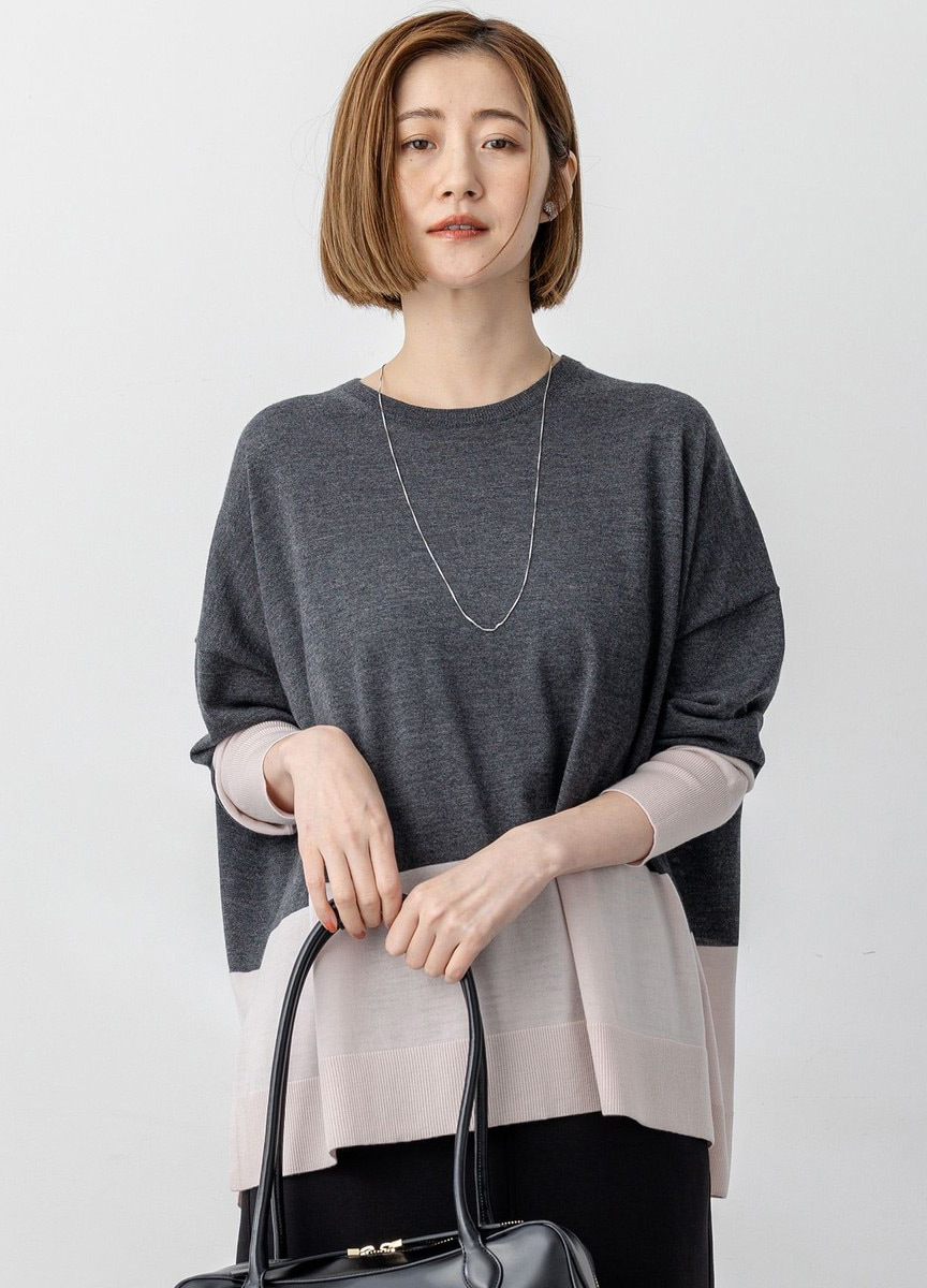 精紡羊毛配色連袖針織衫