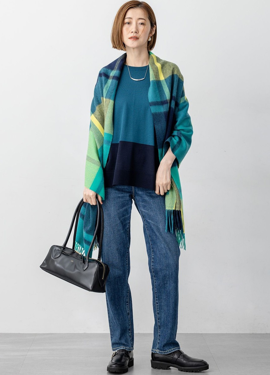 精紡羊毛配色連袖針織衫