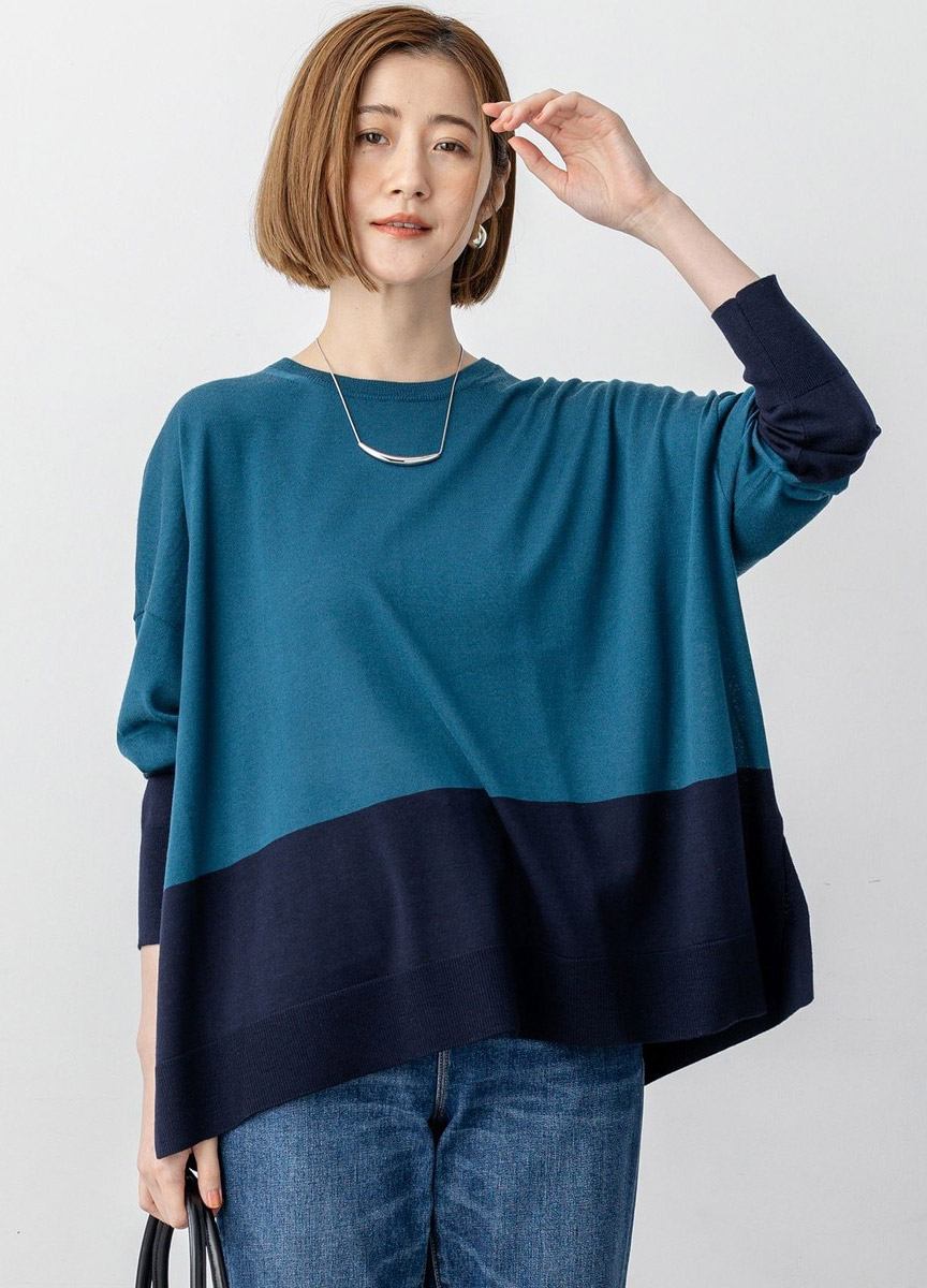 精紡羊毛配色連袖針織衫