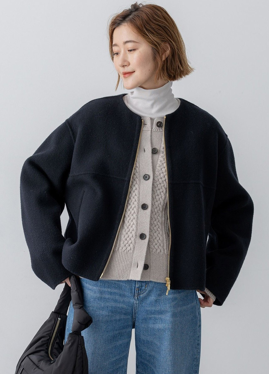 拼接款拉鍊短版大衣            