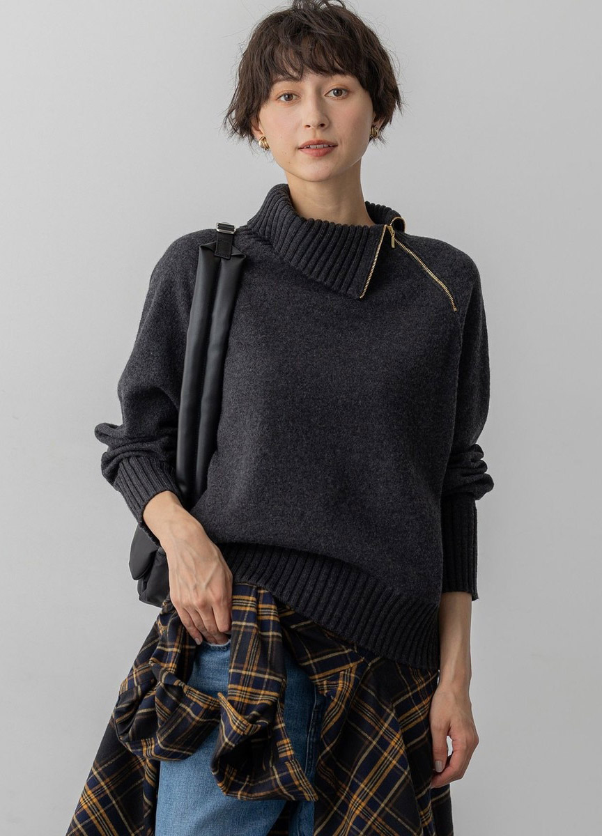 斜開拉鍊高領針織上衣 