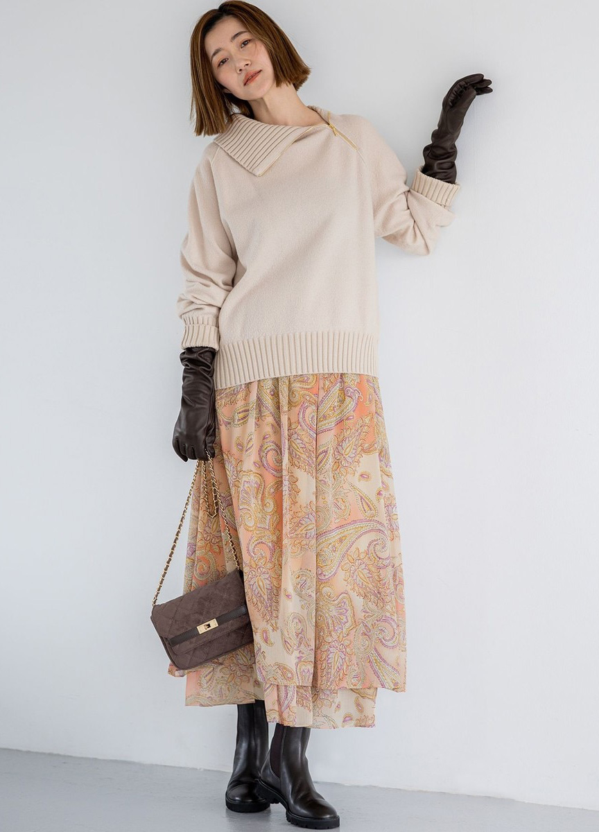 斜開拉鍊高領針織上衣 