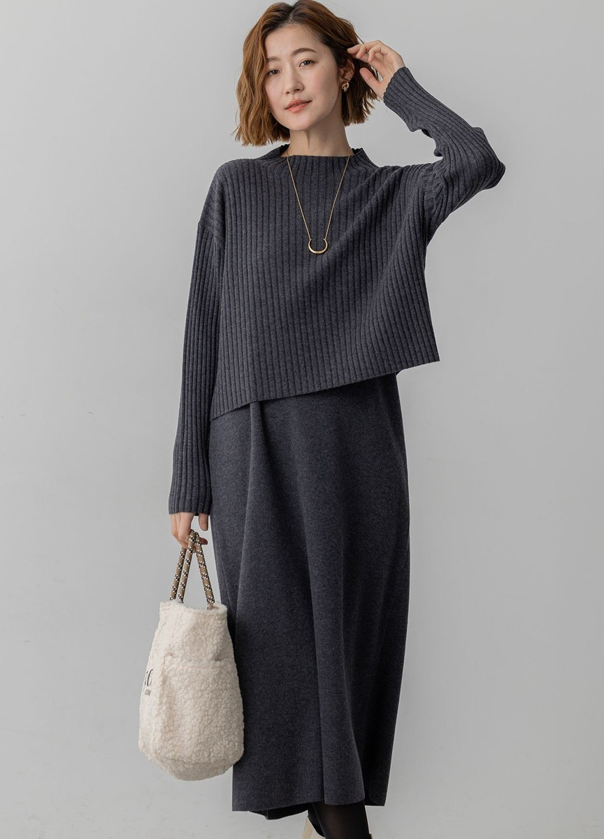 針織上衣&V領無袖洋裝SET      