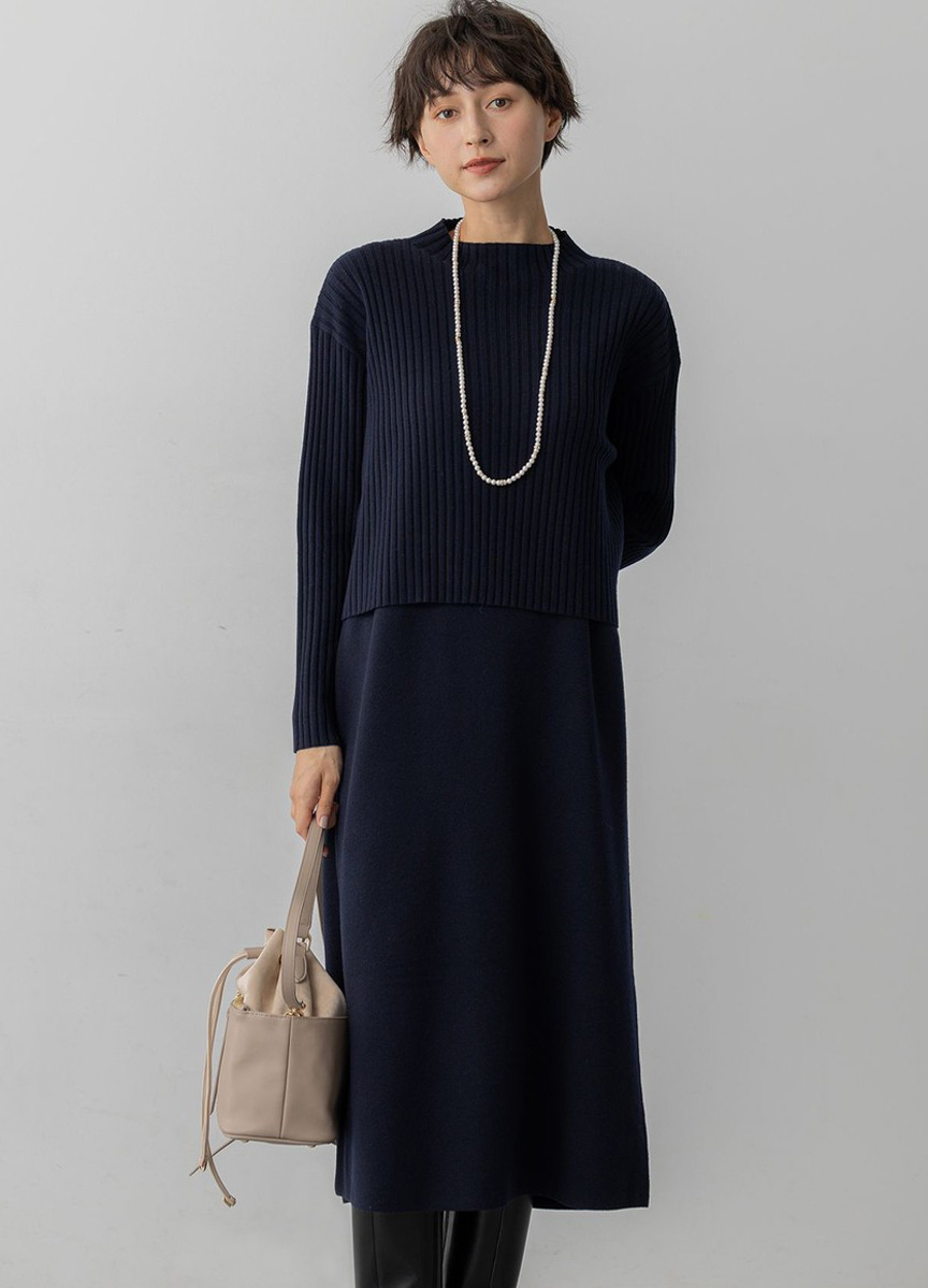 針織上衣&V領無袖洋裝SET      