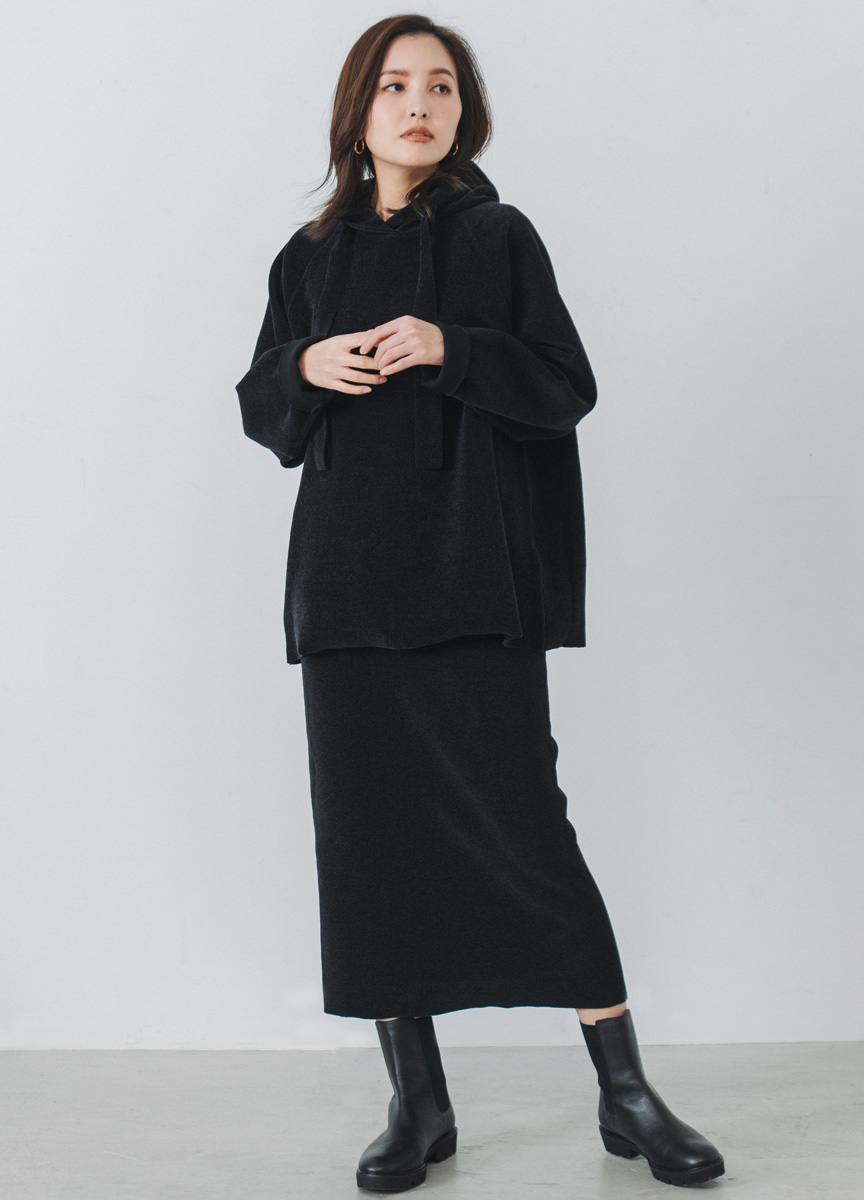 【SLOW系列】絨質直筒長裙絨質拉格蘭袖帽T