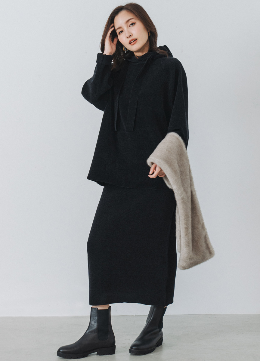 【SLOW系列】絨質直筒長裙絨質拉格蘭袖帽T