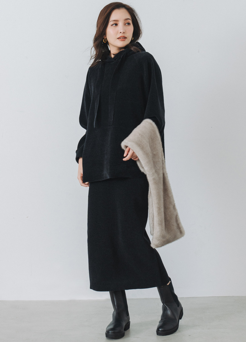 【SLOW系列】絨質直筒長裙絨質拉格蘭袖帽T