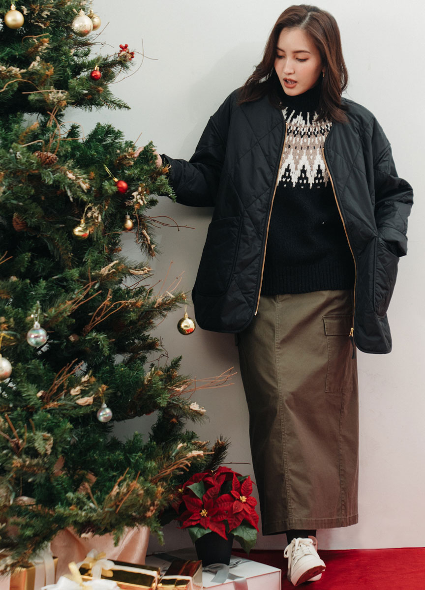 【SLOW系列】絨質直筒長裙高領緹花針織上衣    