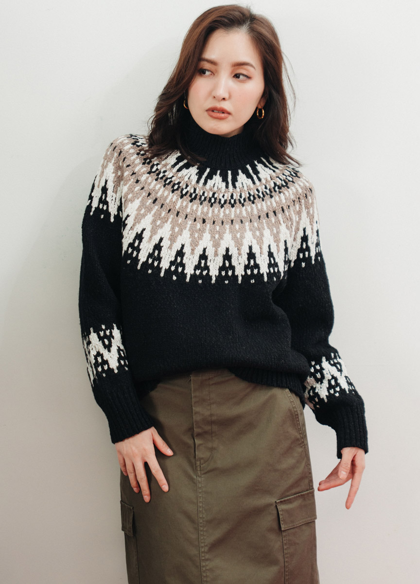 【SLOW系列】絨質直筒長裙高領緹花針織上衣    