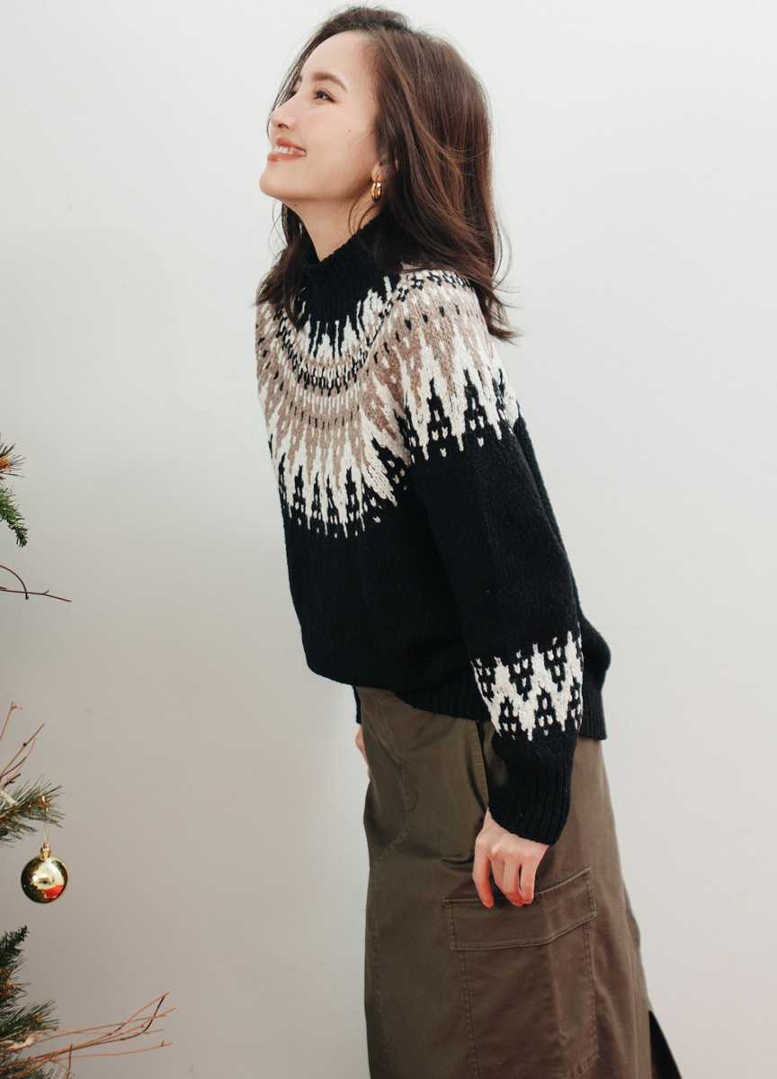 【SLOW系列】絨質直筒長裙高領緹花針織上衣    