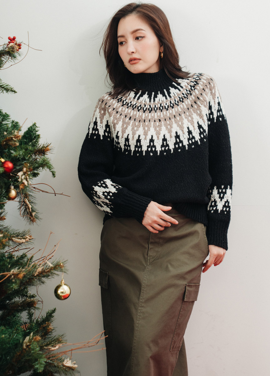 【SLOW系列】絨質直筒長裙高領緹花針織上衣    