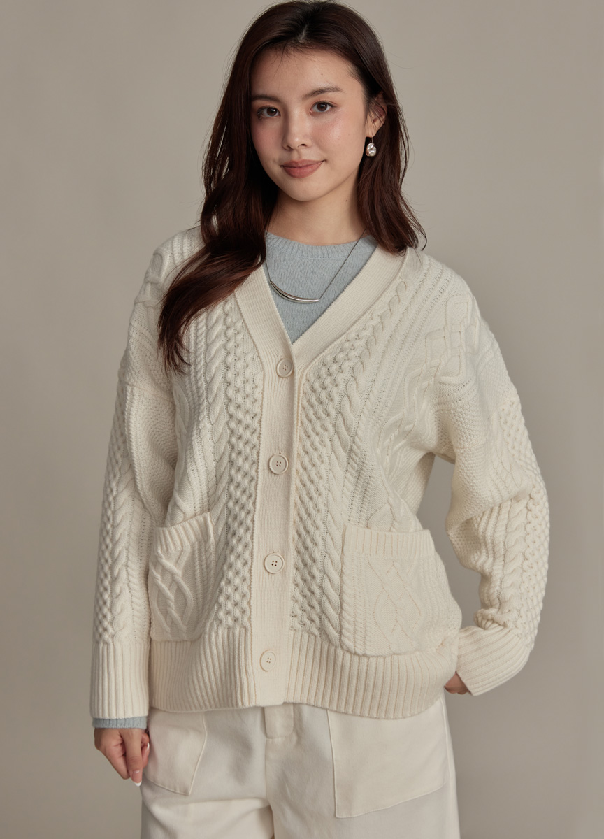 粗織麻花V領外套