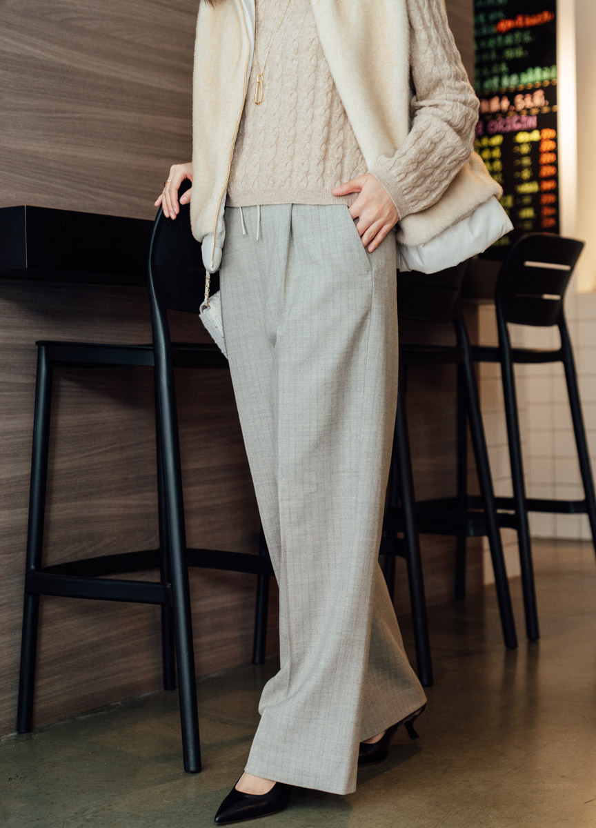 法蘭絨條紋綁帶寬褲