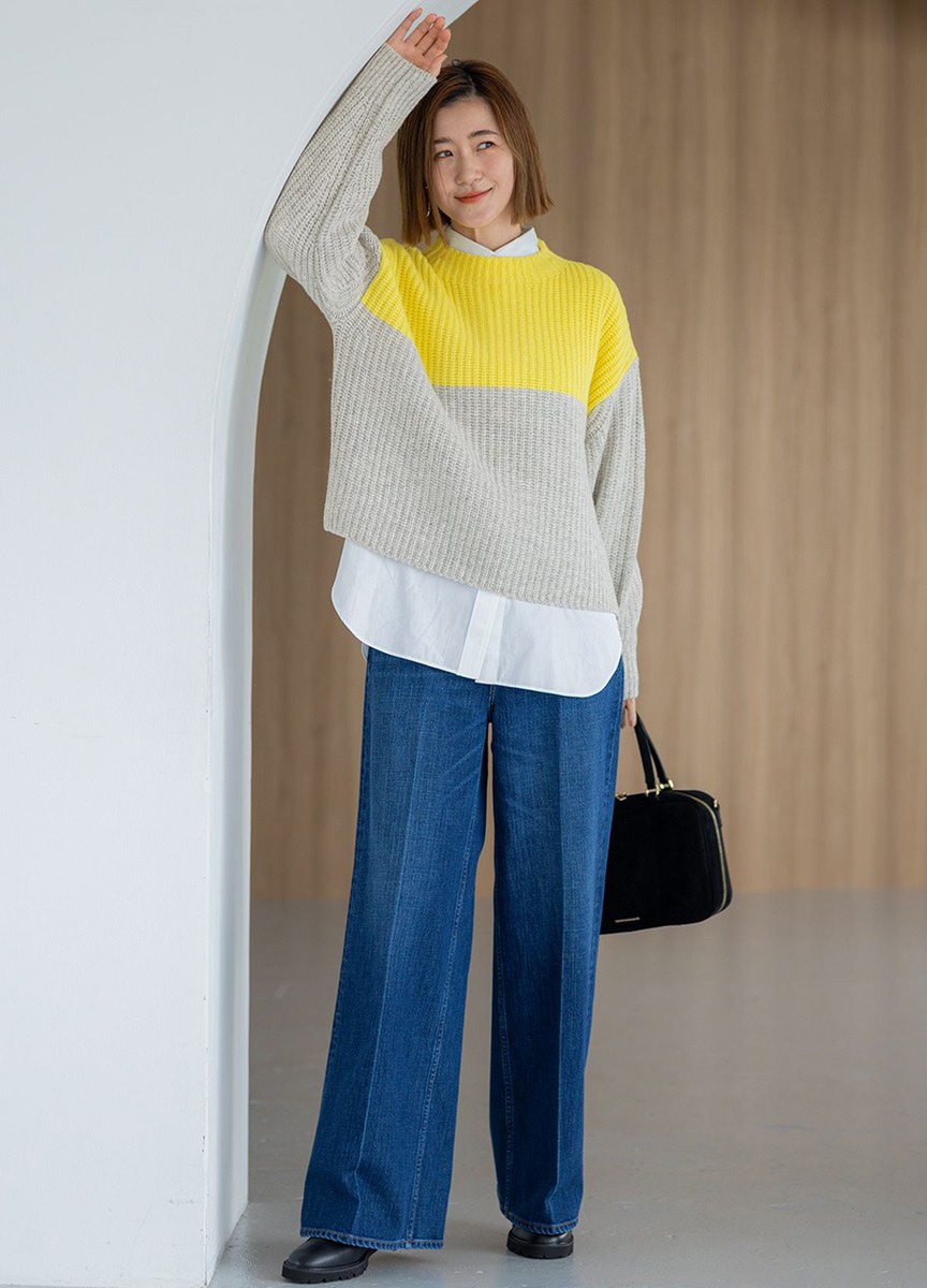 羊毛混喀什米爾高領拼色針織毛衣