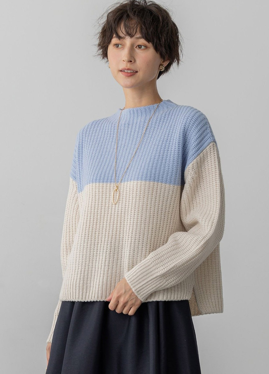 羊毛混喀什米爾高領拼色針織毛衣