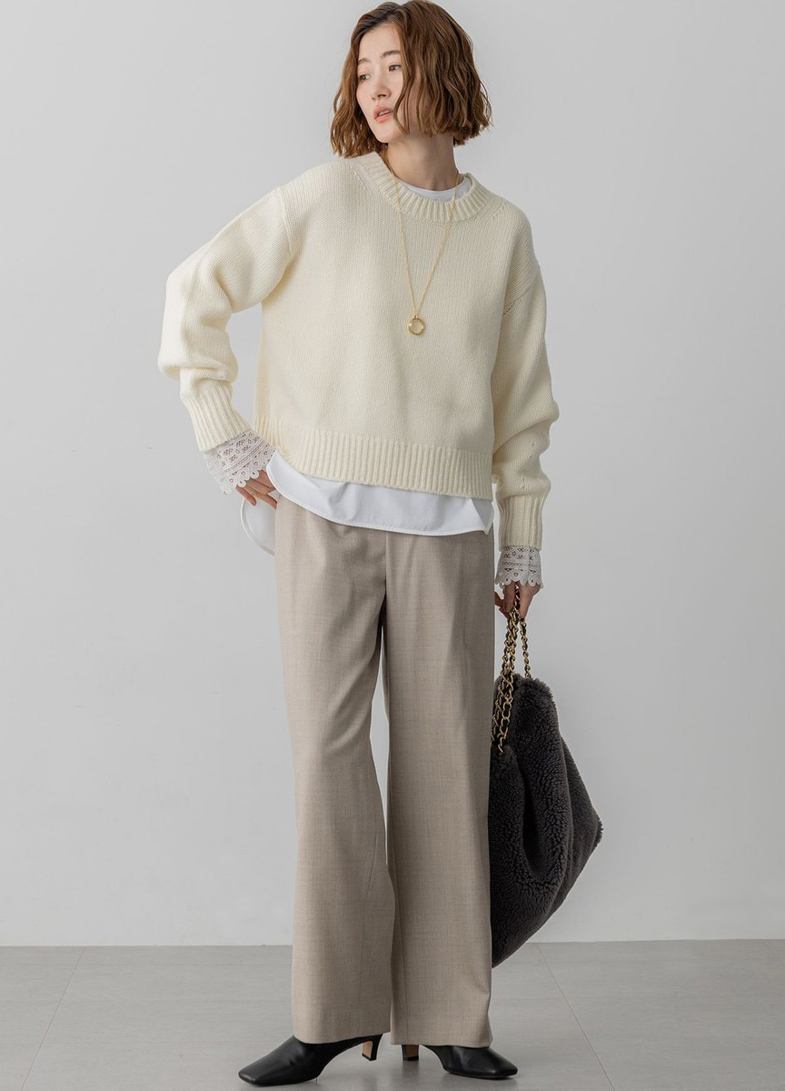 羊毛混喀什米爾圓領針織毛衣 