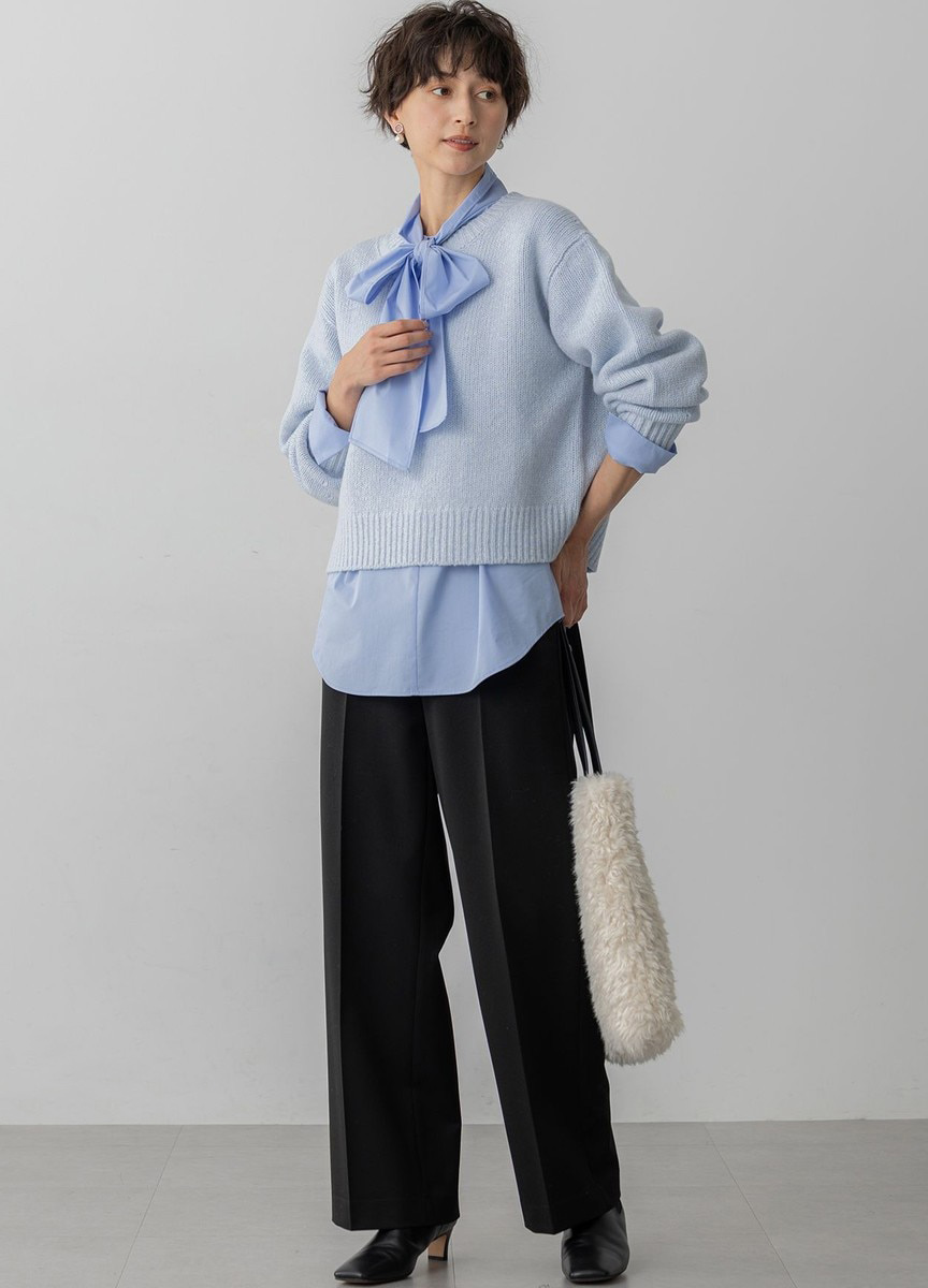 羊毛混喀什米爾圓領針織毛衣 