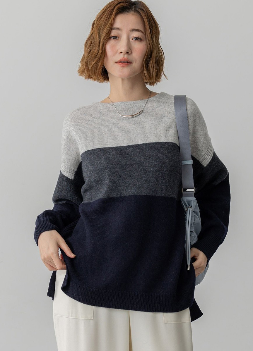 羊混喀什米爾毛圓領拼色針織毛衣