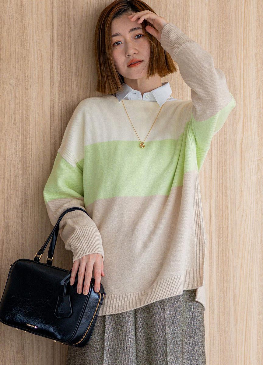 羊混喀什米爾毛圓領拼色針織毛衣