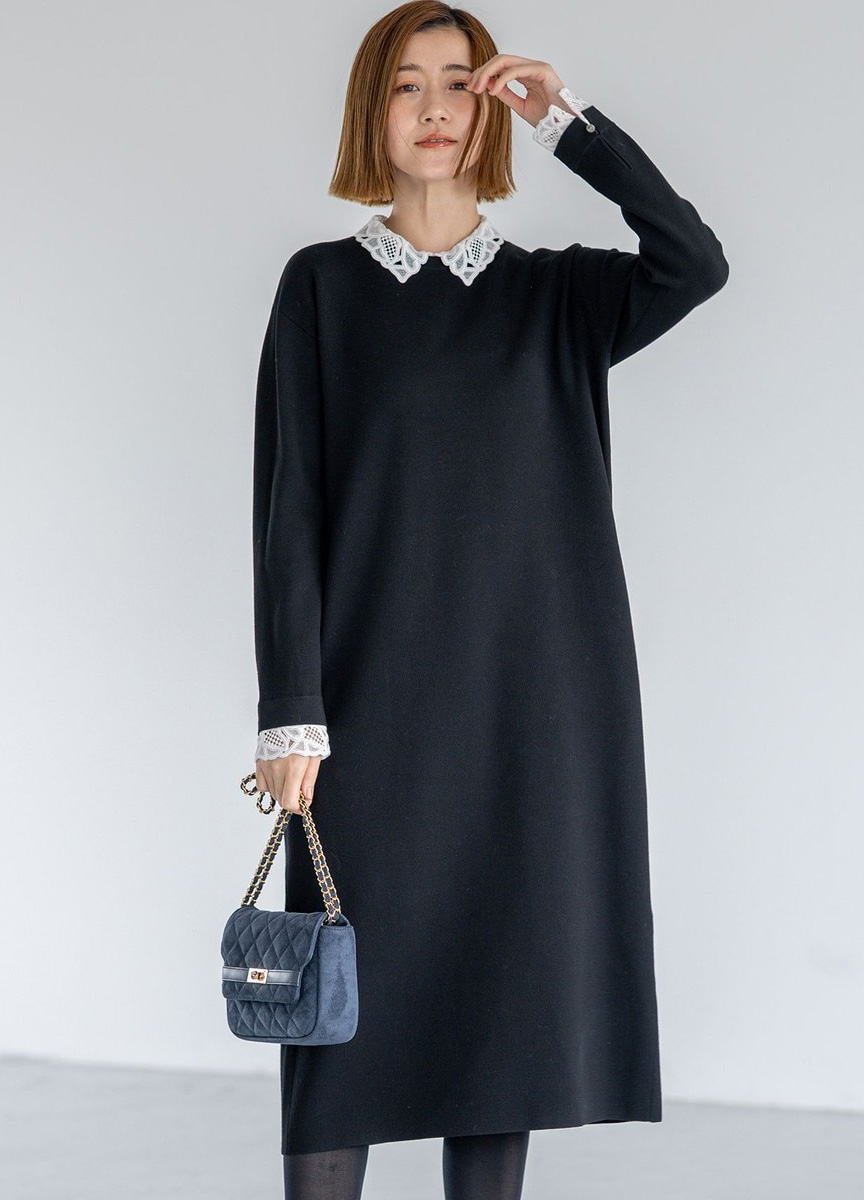 Viscose蕾絲領長洋裝