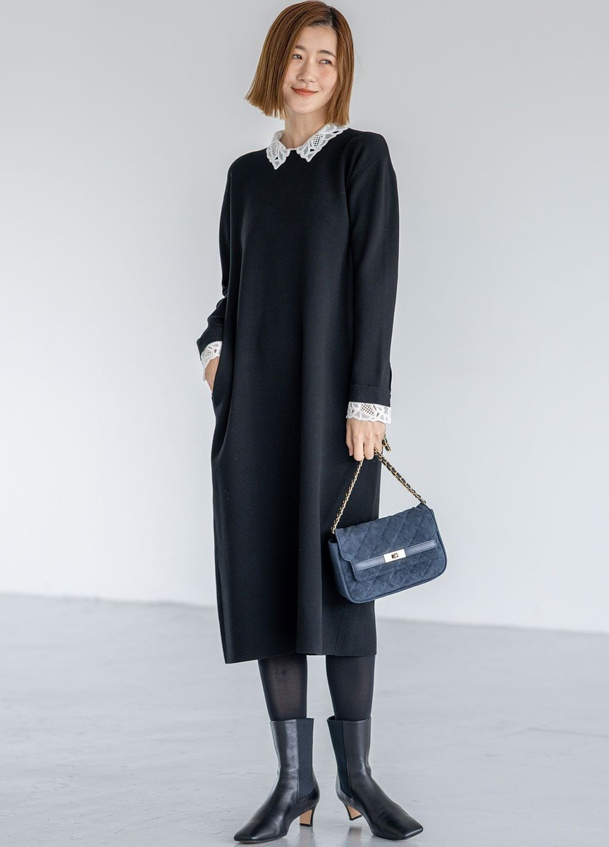 Viscose蕾絲領長洋裝