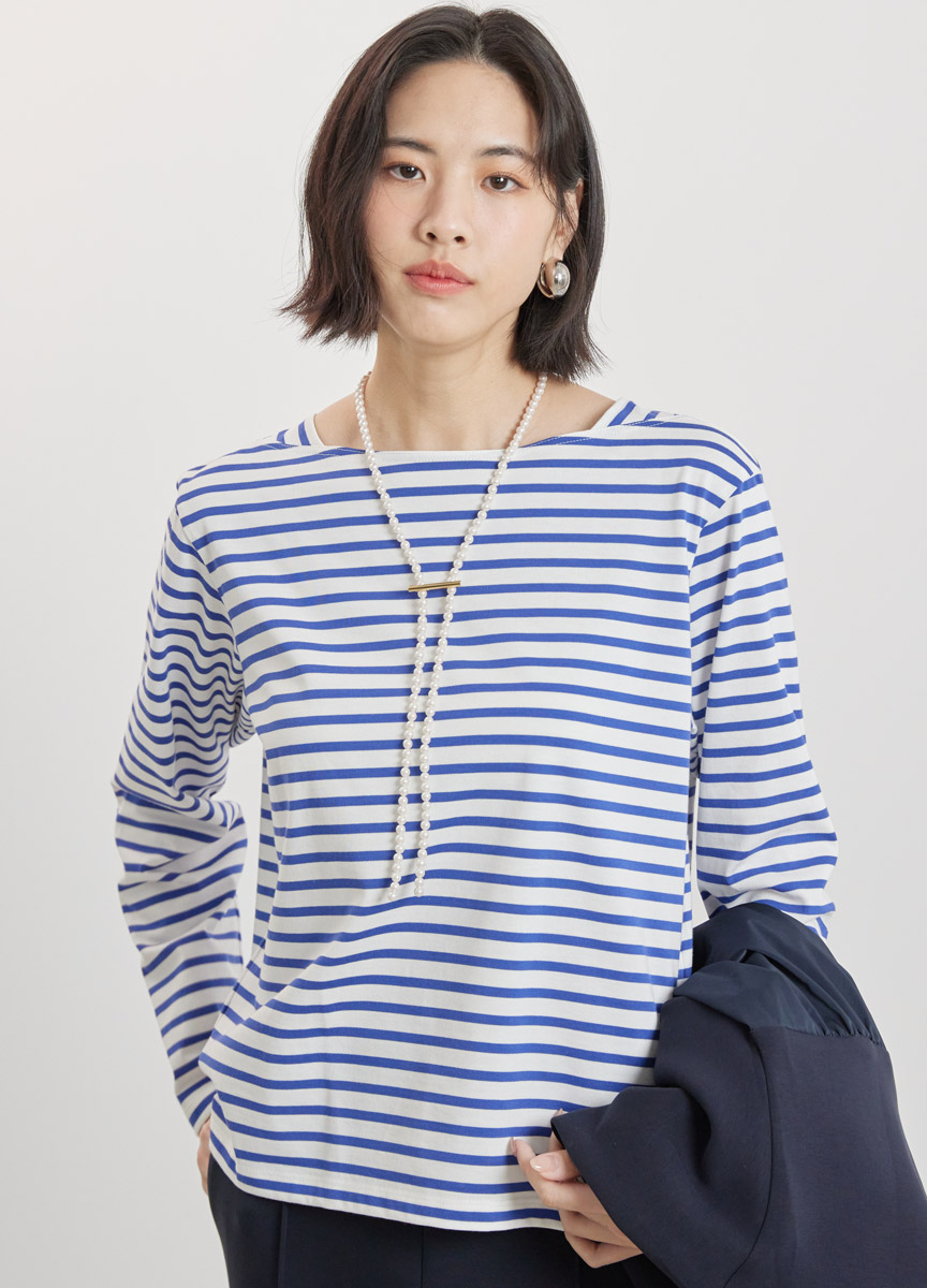 條紋方領棉質上衣 (網路限定色)
