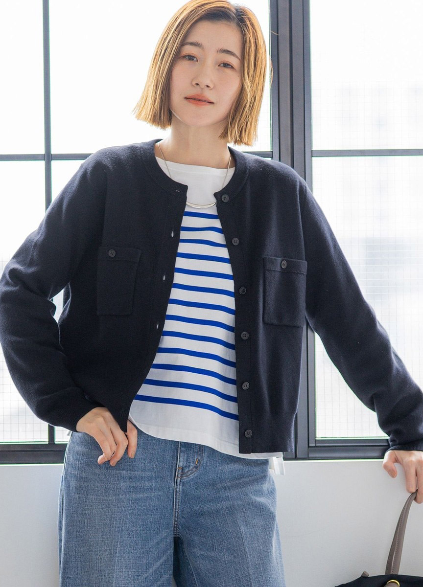 喀什米爾混棉圓領開襟衫