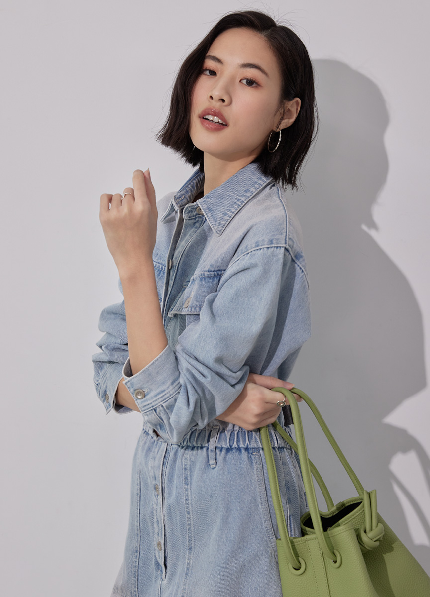 Class系列牛仔襯衫開岔連身裙