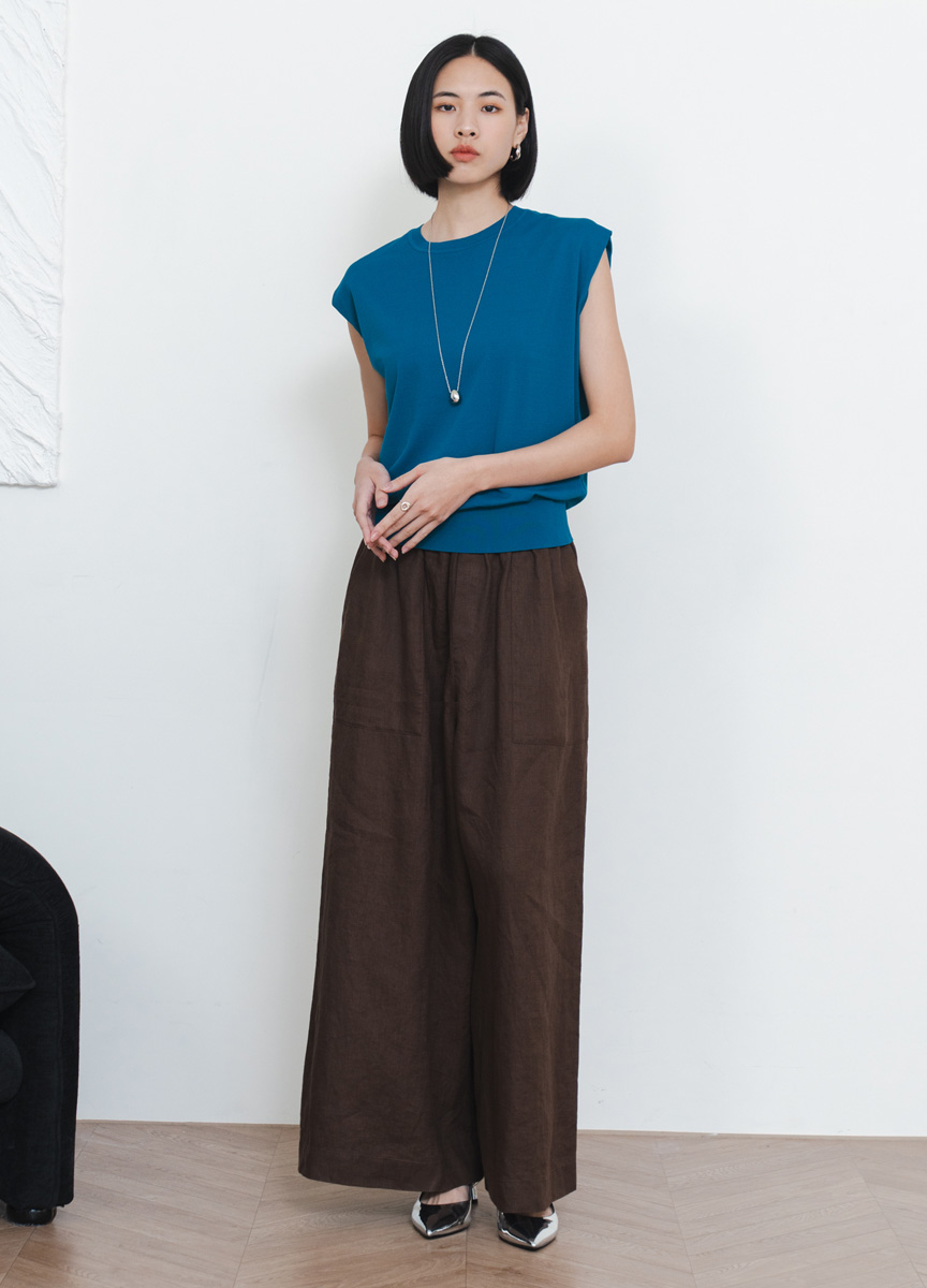 亞麻鬆緊腰頭長寬褲