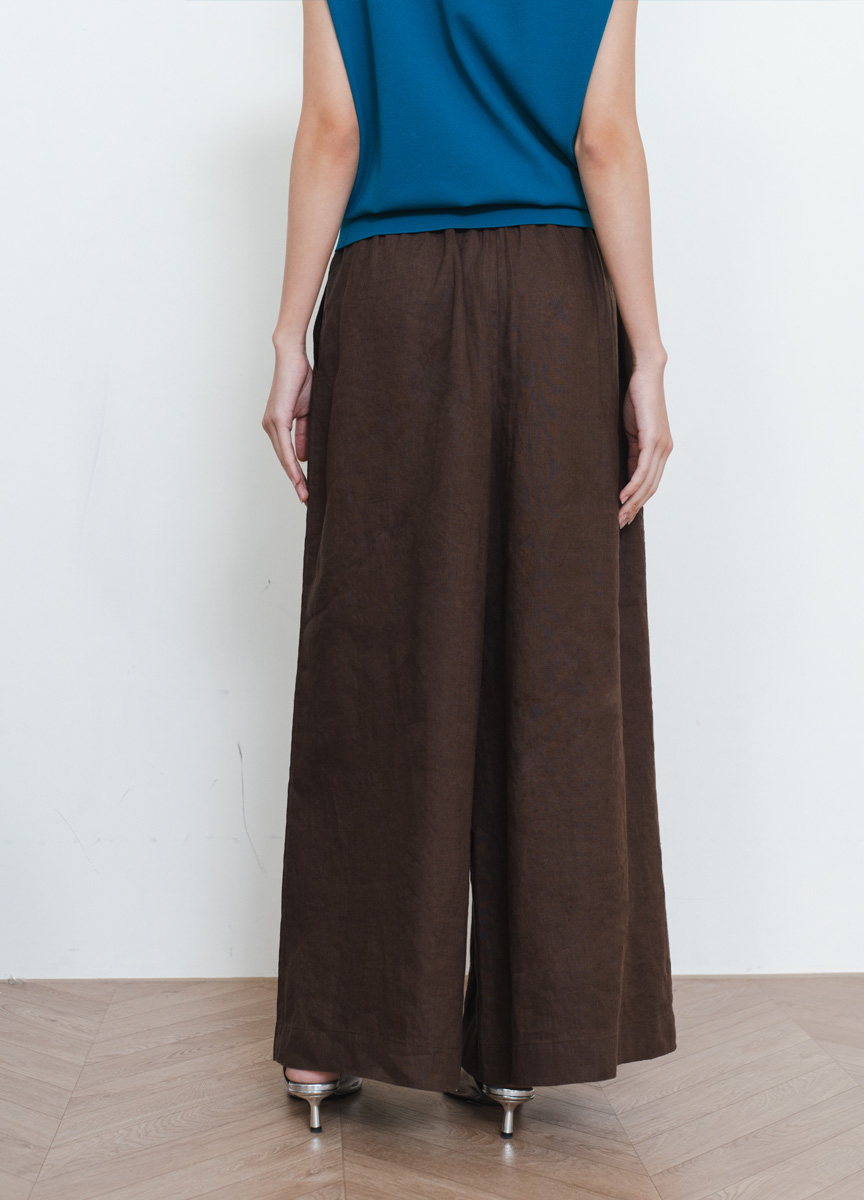 亞麻鬆緊腰頭長寬褲