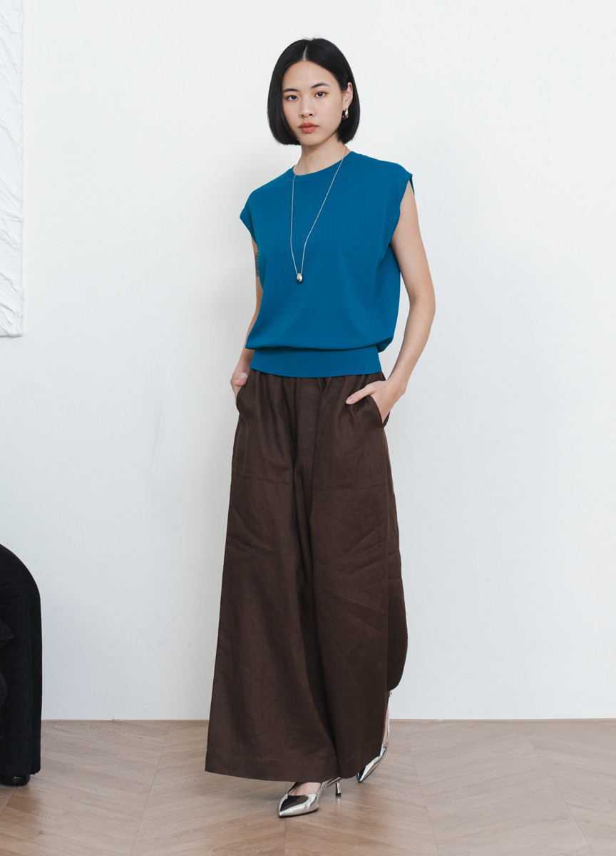 亞麻鬆緊腰頭長寬褲