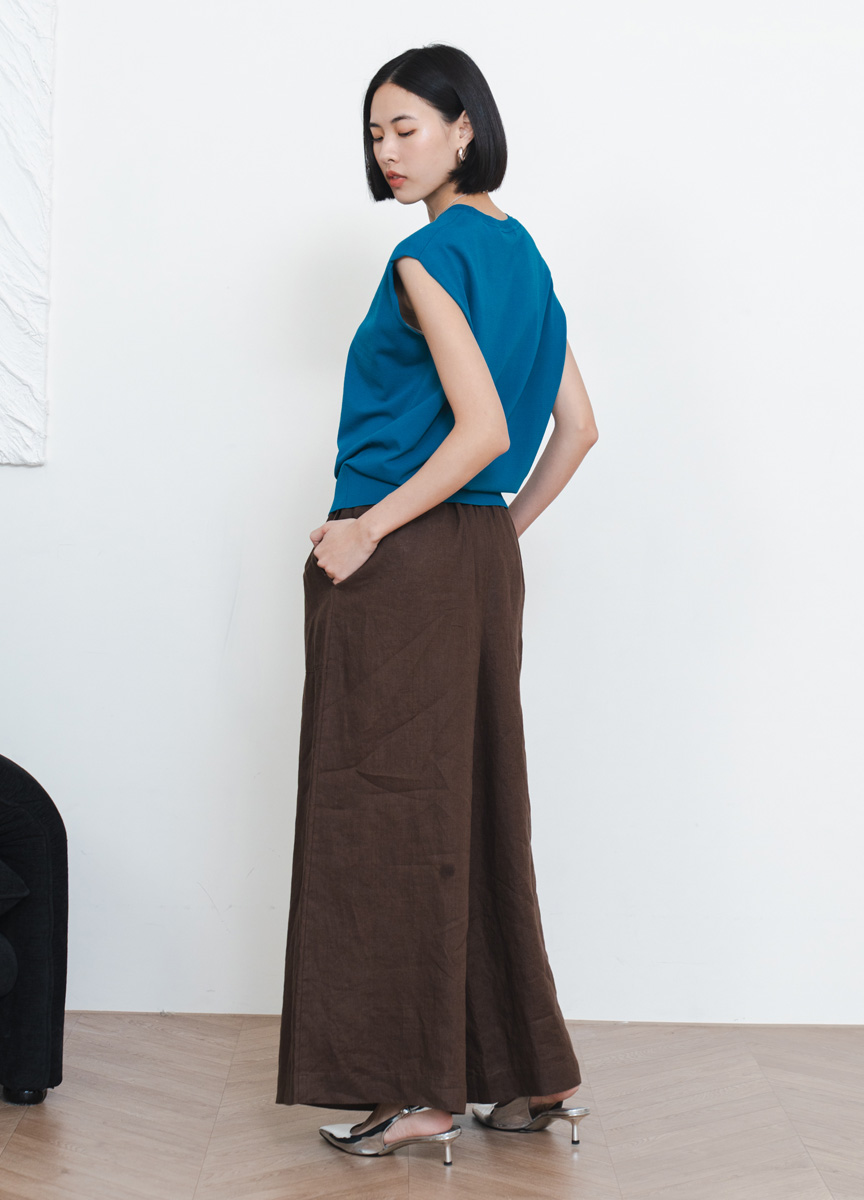 亞麻鬆緊腰頭長寬褲